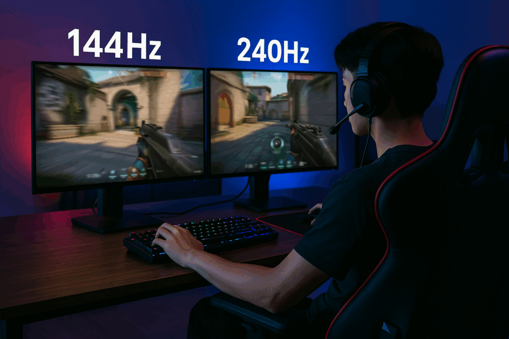 144Hzと240Hzのモニターを並べてfpsゲームをプレイする日本人ゲーマーの背面シーン。モニターごとに画面の滑らかさの違いが分かる構図。