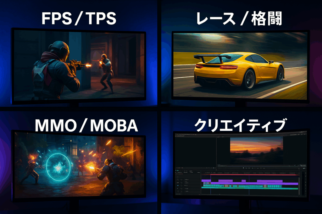 PS/TPS、レース/格闘、MMO/MOBA、クリエイティブのジャンル別に240Hzモニターの効果を比較する4分割構成のイメージ。それぞれのシーンが高精細モニターに表示されている。