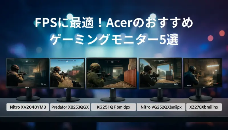 FPSゲームを表示した5台のAcerゲーミングモニターを並べた比較構図(文字なし)