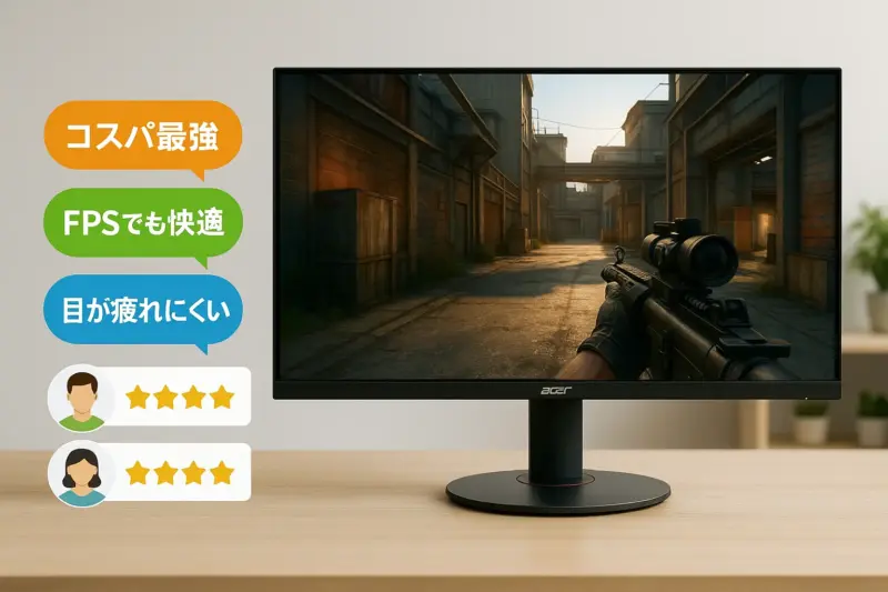 Acerゲーミングモニターに表示されたFPSゲームと浮かぶ高評価レビューアイコン