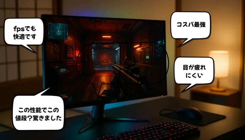 和風の部屋に設置されたAcerゲーミングモニターとFPSゲーム画面のシンプルな実写風イメージ