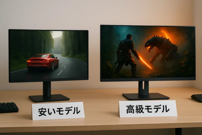 安価なゲーミングモニターと高級機種を比較したイメージ