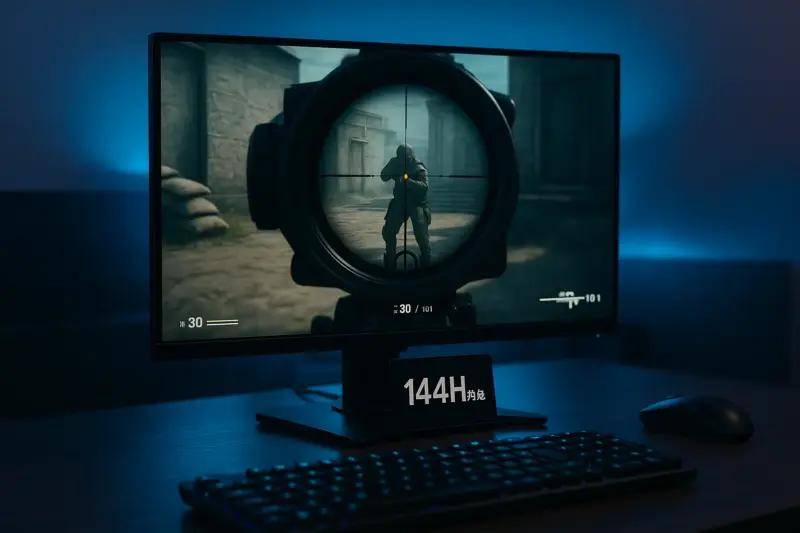 FPSゲーム画面が表示された144Hz対応ゲーミングモニターのイメージ