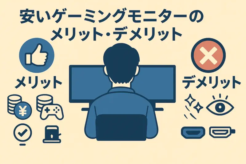 安いゲーミングモニターのメリット・デメリットをアイコンで表現した図解イメージ。文字量を抑え、視覚的にわかりやすい構成。