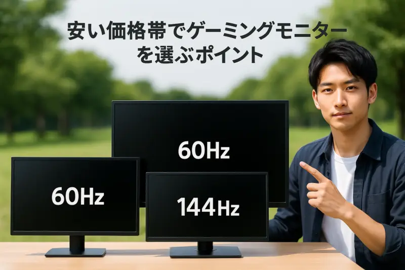 屋外で3台のゲーミングモニターと若い日本人男性が登場し、リアルなサイズ感で60Hz・144Hzを示す構成