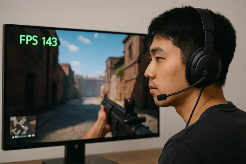 fpsカウンターを表示しながらゲームをプレイする日本人ゲーマーのシーン