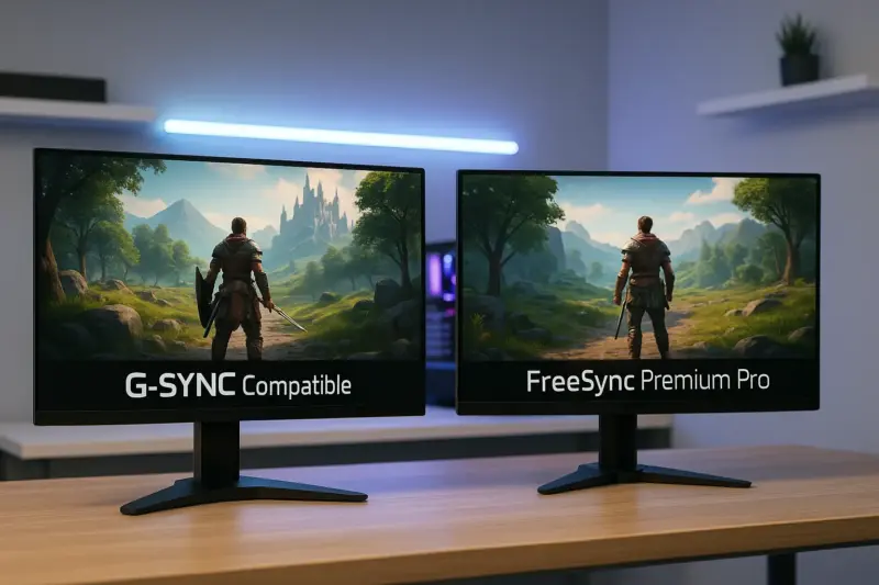 G-SYNC CompatibleとFreeSync Premium Pro対応モニターを並べて比較した横長の写真。ゲーム画面の表示品質を見比べる構成