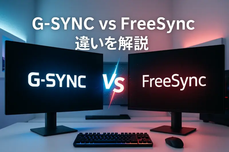 G-SYNCとFreeSyncの違いを解説する比較画像。2台のゲーミングモニターが並び、それぞれのロゴと“VS”の演出が中央に配置されている