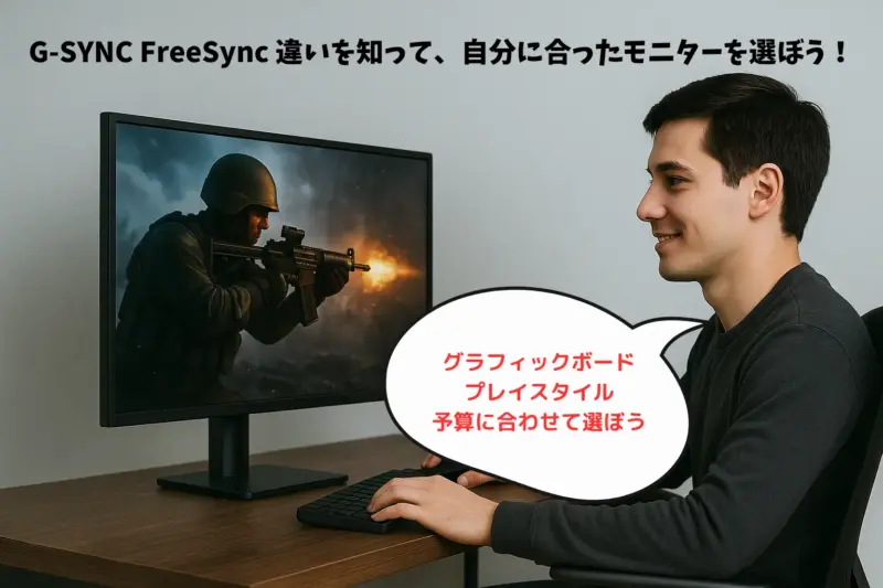 G-SYNCとFreeSyncの違いを理解してモニターを選ぶ男性ゲーマーのイメージ
