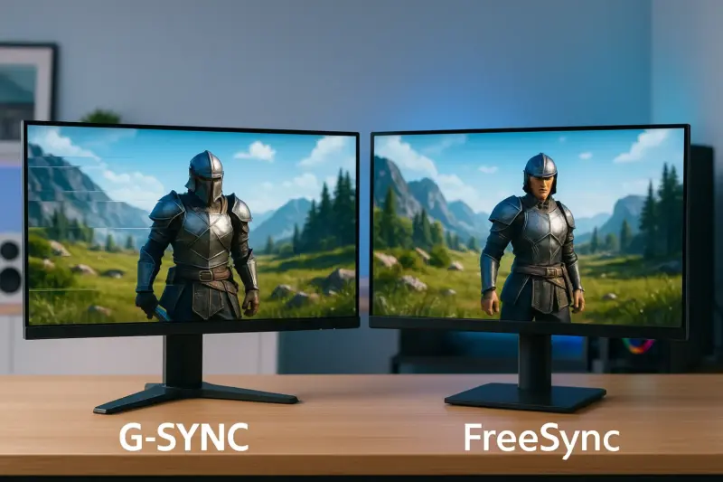 G-SYNC対応とFreeSync対応のゲーミングモニター2台を並べて比較した写真。同じゲーム画面で表示の違いがわかる構成