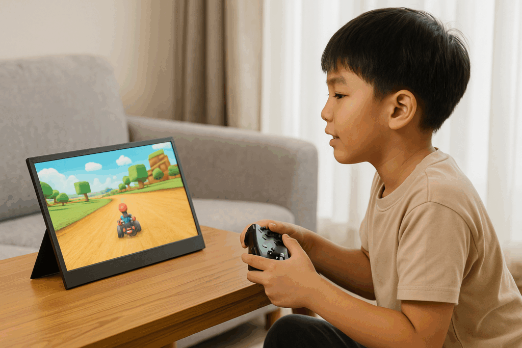 モバイルモニターに接続されたSwitchでゲームを楽しむ子供の風景