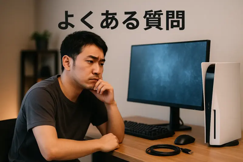モニターやPS5を前に悩むゲーマーのよくある質問イメージ