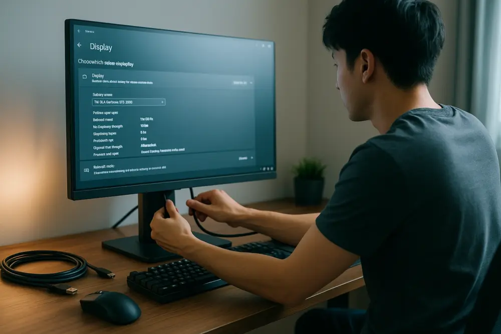 HDMI接続とリフレッシュレート設定中の男性ゲーマー