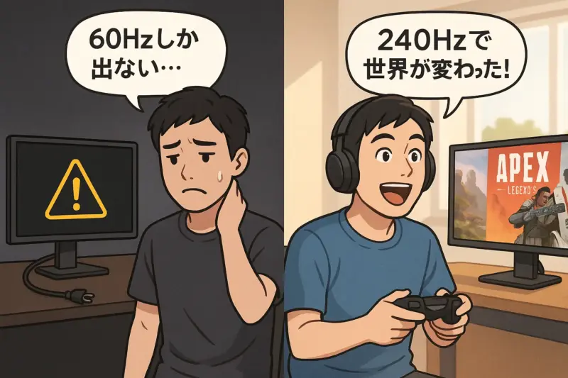 60Hzの不具合に困る男性と、240Hzで快適にゲームを楽しむ男性の比較イメージ