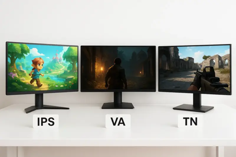 IPS・VA・TNパネルのモニターでゲーム表示を比較しているイメージ