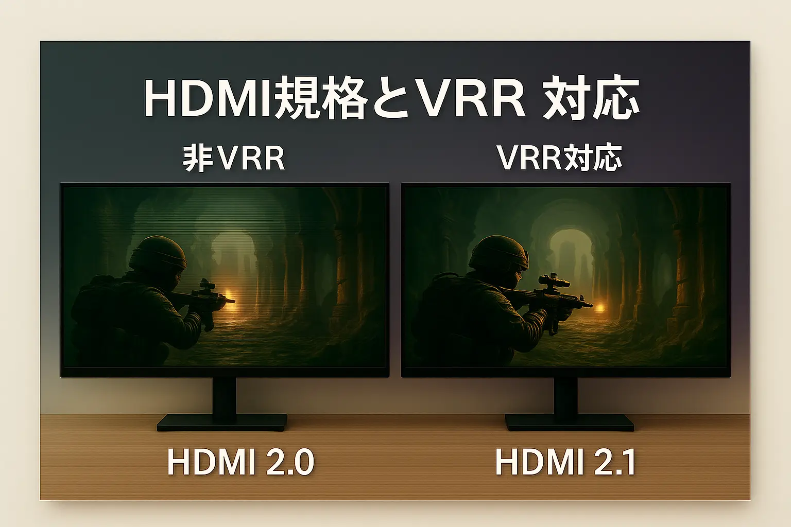 HDMI 2.0と2.1/非VRRとVRR対応の違いを示すゲームモニターと家庭用ゲーム機の比較シーン