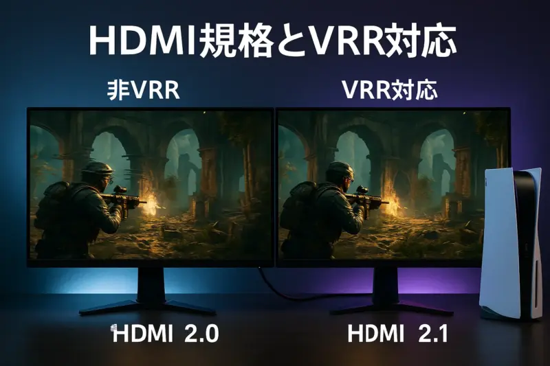 HDMI 2.0と2.1/非VRRとVRR対応の違いを示すゲームモニターとPS5の比較シーン