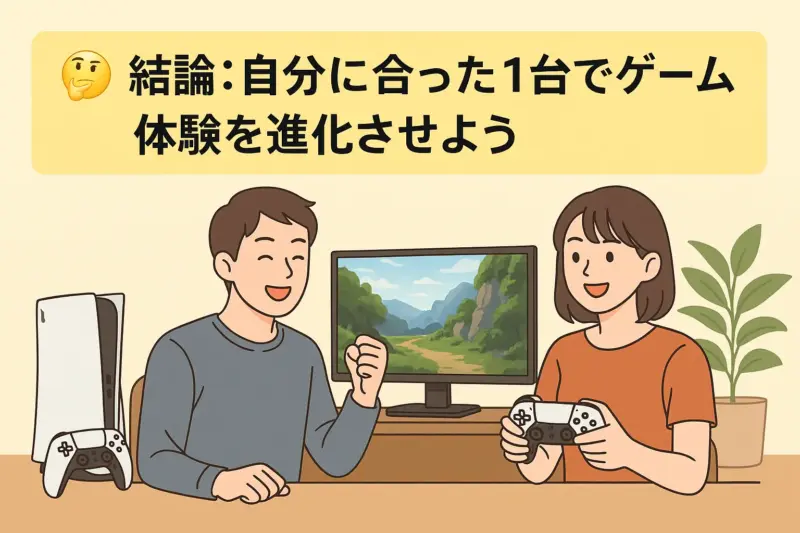 ゲームモニターを前に女性がプレイし、男性が満足そうに見守る様子と結論メッセージ