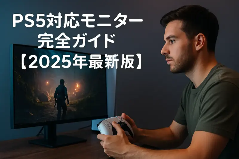 PS5ゲーム中の男性と「PS5対応モニター完全ガイド【2025年最新版】」