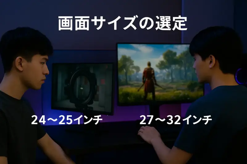 FPSとRPGで異なるサイズのモニターを使う男性たちの比較シーン(24〜25インチと27〜32インチ)