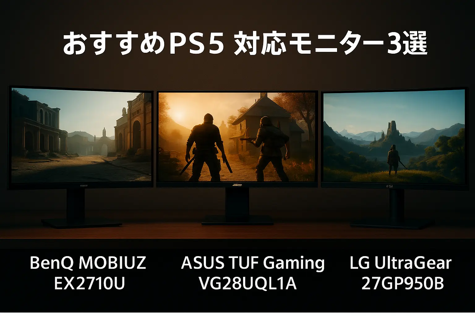 ゲーム表示例を通じて3台のゲーミングモニターを比較するシーン