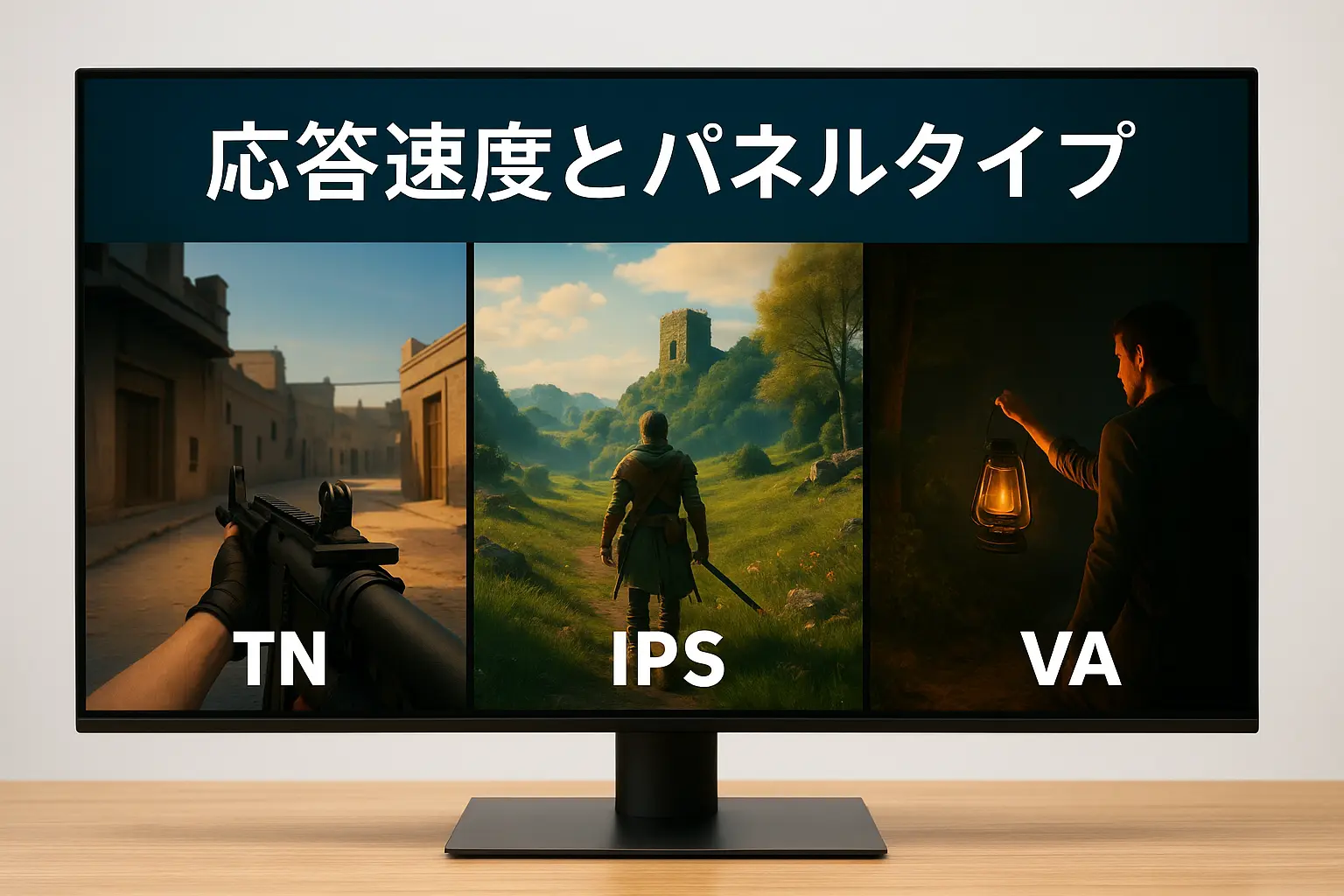 TN・IPS・VAの各パネルで異なるゲームシーンを表示するゲーミングモニター比較
