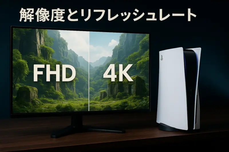 FHDと4Kの映像を並べて比較するゲーミングモニターとPS5