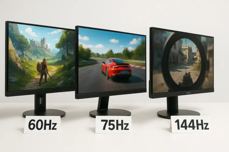60Hz・75Hz・144Hz対応モニターで異なるゲームを比較表示しているイメージ