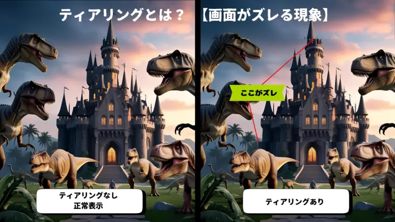 ティアリングの有無による画面表示の違いを比較した画像