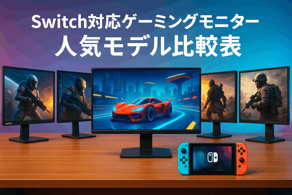 Switch本体の前に5台のゲーミングモニターが並び、各画面に異なるゲームシーンが映し出されている様子