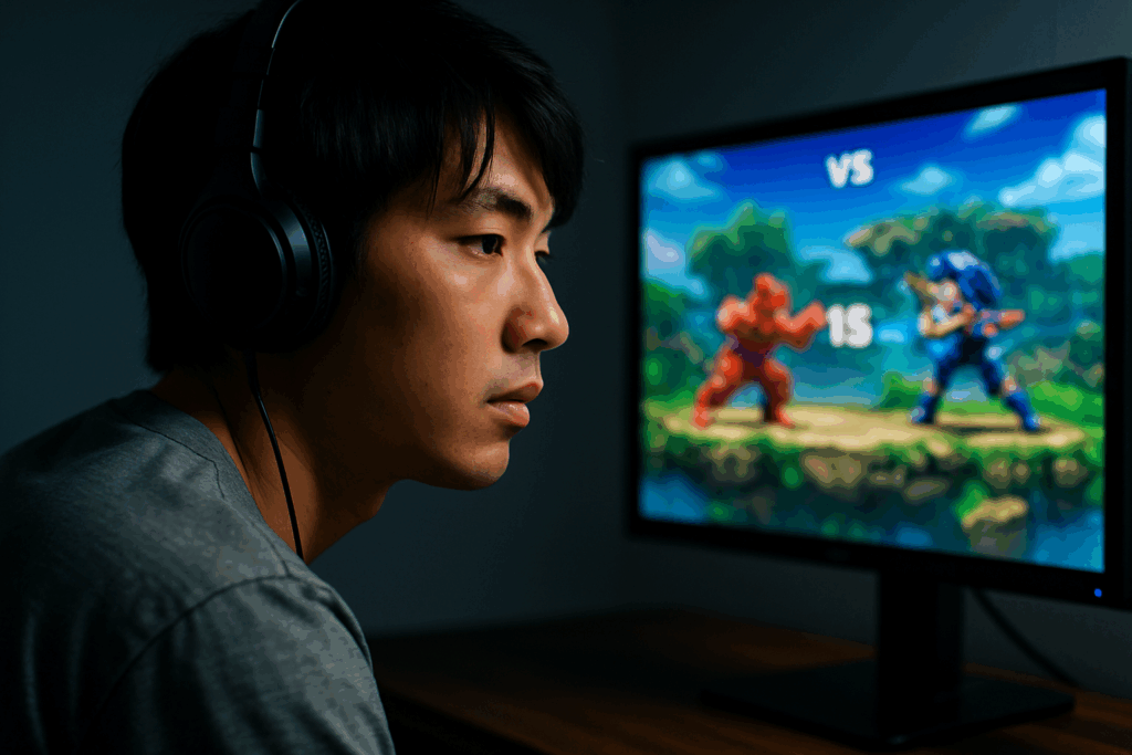 対戦ゲームに集中している日本人プレイヤーとゲーミングモニターの横顔シーン