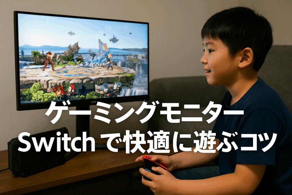 Nintendo Switchをドックにセットし、ゲーミングモニターでスマブラをプレイしている男の子