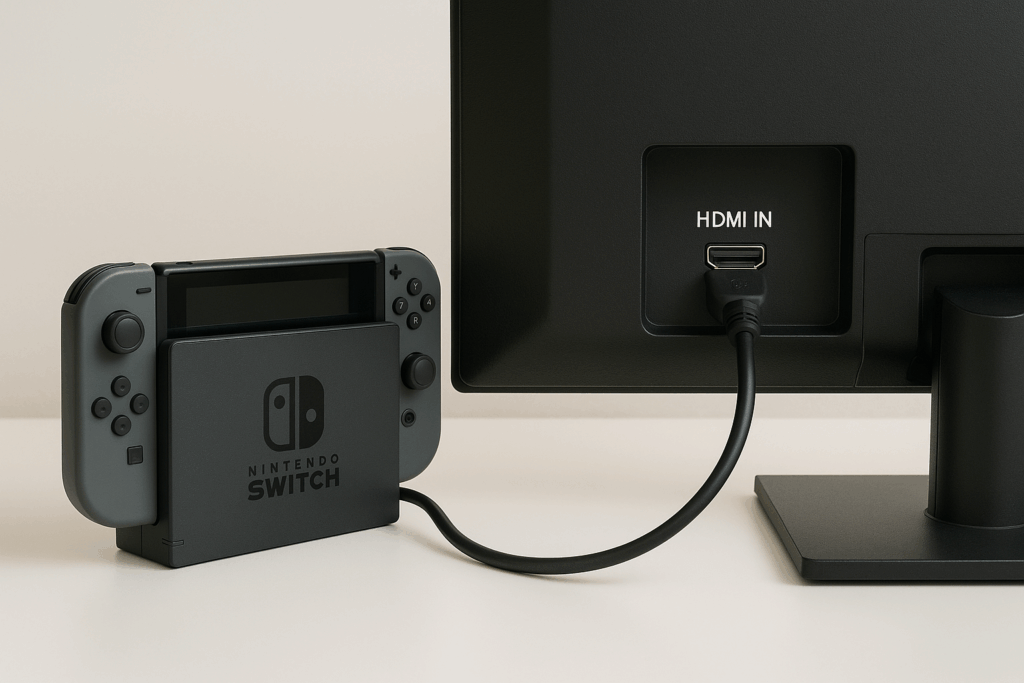 Nintendo SwitchドックとHDMIで接続されたモニターの背面ポートの接続シーン