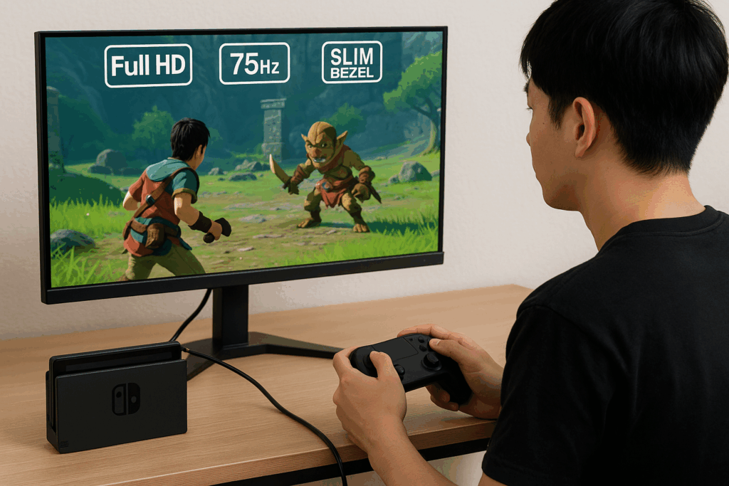 スリムベゼルモニターとSwitchを接続してゲームを楽しむ日本人男性