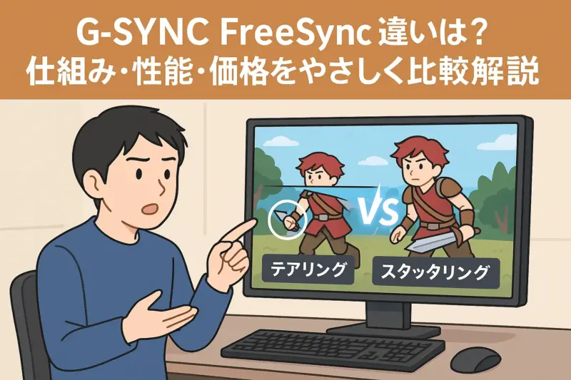 G-SYNCとFreeSyncの違いをやさしく解説するイラスト。ゲーム画面でテアリングとスタッタリングの違いを指差しながら説明する男性