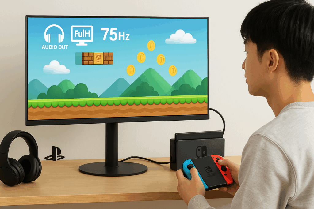 Nintendo Switchをドックに接続し、モニターでゲームをプレイする日本人男性の横長構図