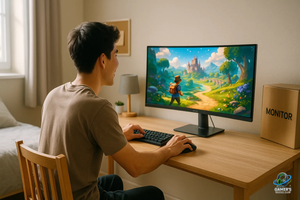 新しいモニターに喜ぶ若者の明るい部屋